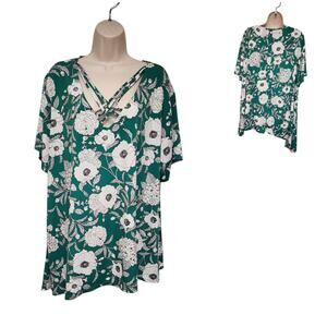 CATO EST 1946 V-Neck Short Sleeve 3D Floral Tunic Green/White Blouse 26/28W